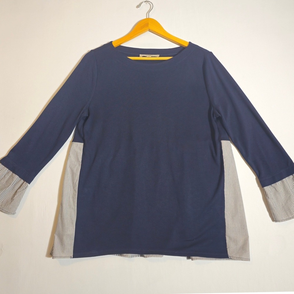 Loft Dark Academia Black Blouse Contrast Tan Turn Up Cuff Knit Blouse Size M